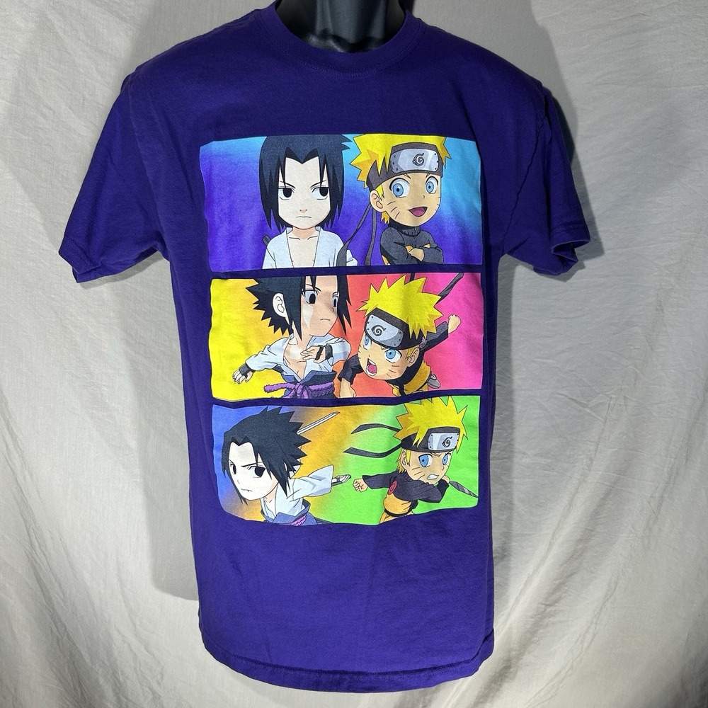 Naruto Shippuden Sasuke & Naruto Chibi Battle Graphic T-Shirt Purple Medium